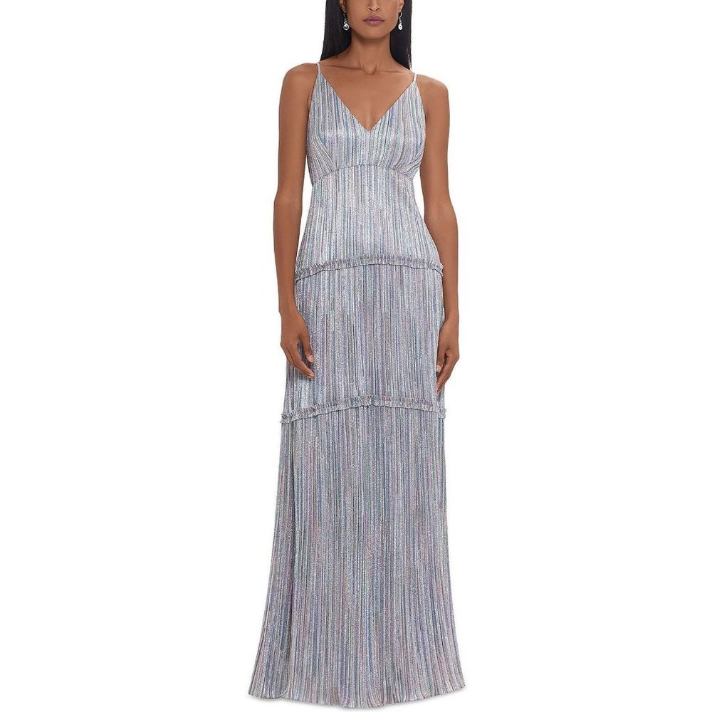 XSCAPE Womens Silver Zippered Ruffled Tiered Lined Spaghetti Strap V Neck Full-L